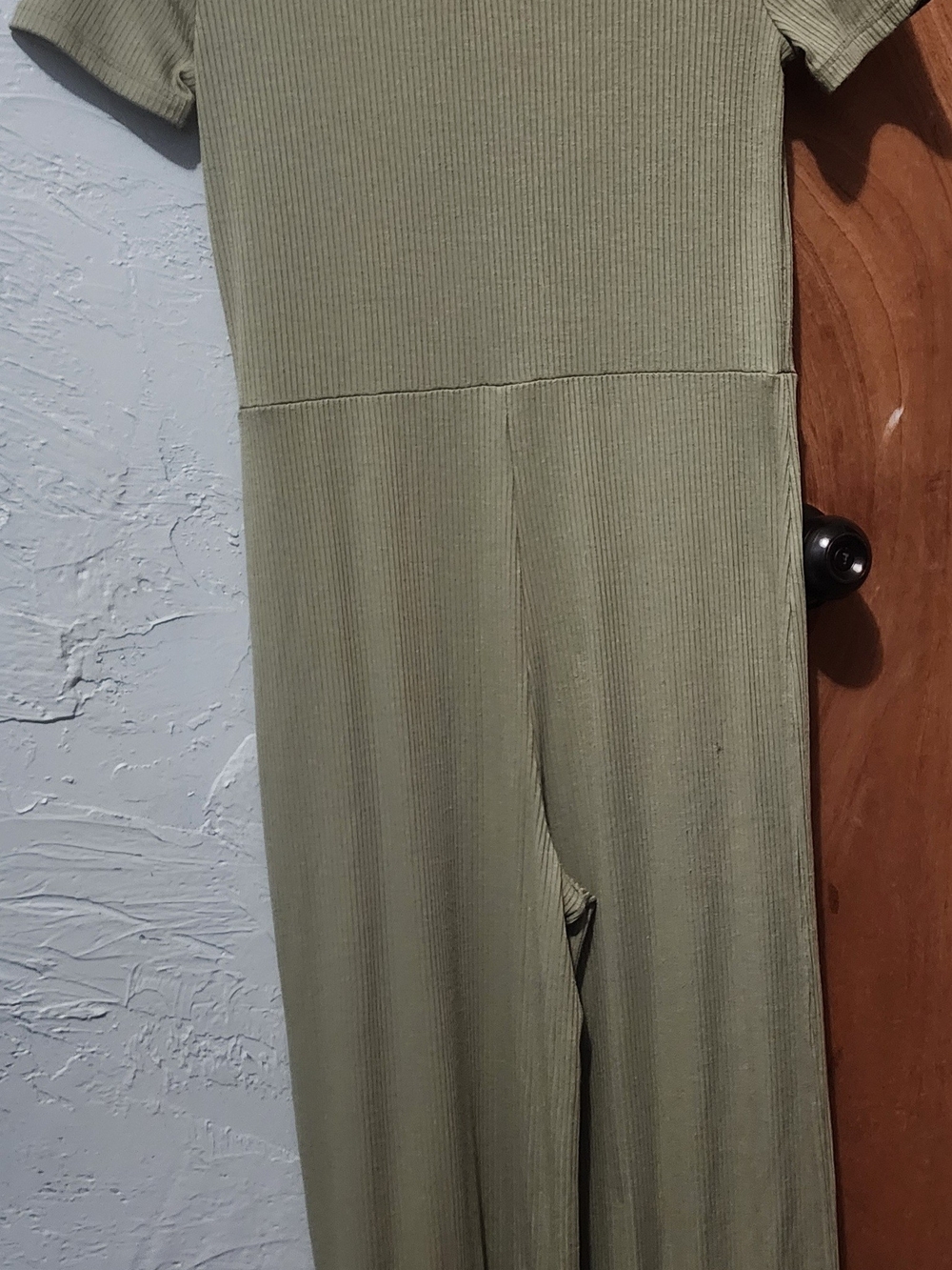 Ribbed Short-Sleeve Wide-Leg Jumpsuit in Olive